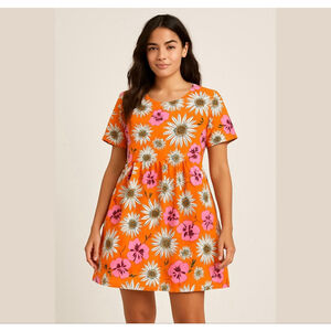 ZARA mix media cotton voluminous sun dress floral orange Sz S